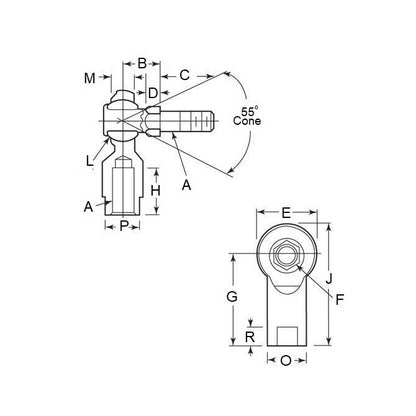 1104297 | SPF8SRS (PK-50) --- Female Rod Ends - 1/2-20 UNF - 12.7mm - Right Hand 47.5x28.58 mm Steel