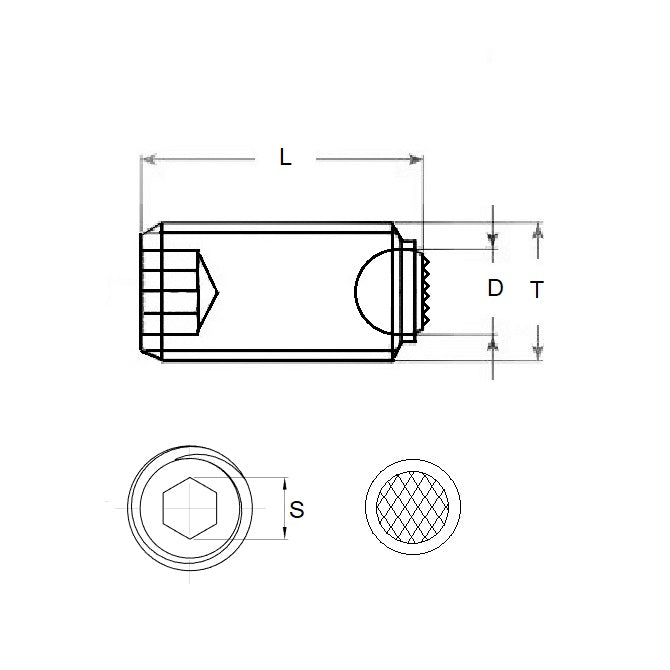 1092023 | SS100M-0344-CS-DKT (Each) --- Diamond Knurled Tip Socket Set Screws - M10 - 10x1.5mm - 34.4 mm  - Carbon Steel with Alloy Steel SUJ2 HRC 55 -60 tip Screw