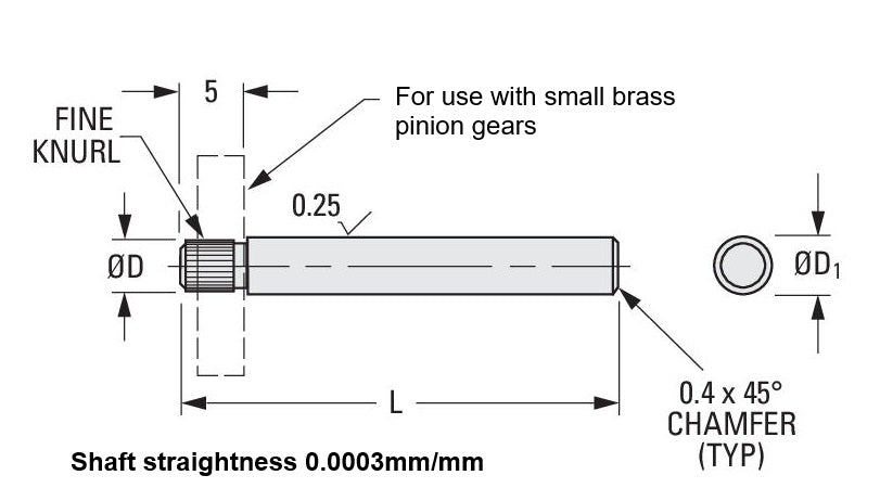 1035989 | SHPIN01.5X50 (Each) --- Pinion Shafts - 1.5x1.55x5 mm - Stainless Steel 303/304 Similar to A2, 18-8 HRB80 Shaft