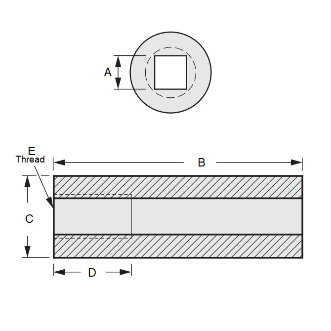 1129805 | SLQ-2225-3334-10160-T (Each) --- Square Hole Sleeves - 22.352x33.338x101.6 mm Threaded - Carbon Steel 11L17 Sleeve
