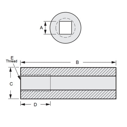 1104383 | SLQ-1270-1984-06985-T (Each) --- Square Hole Sleeves - 12.827x19.837x69.85 mm Threaded - Carbon Steel 11L17 Sleeve