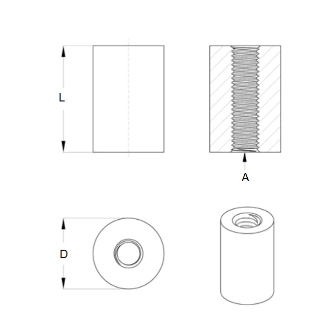 1054256 | SRD-T-0417C-10-019-B (Each) --- Threaded Spacers - 8-32 UNC - 4.17mm - 9.525x19.05 mm Round - Brass Spacer