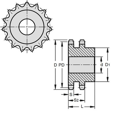 1117139 | SP2-127-078B-017-PB-C (Each) --- Roller Chain Sprockets - 17 tooth - 68.7 - - Duplex 08B With Boss - Carbon Steel Sprocket