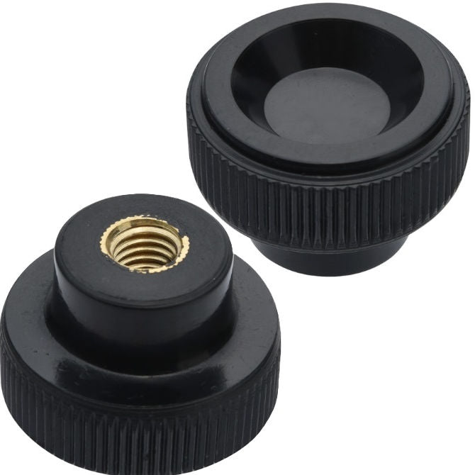 1233257 | KF060M-025-KND-PH (Each) --- Disc Knobs - M6 - 6x1mm - 24.5x11 mm Female Knurled Plastic - Brass Knob